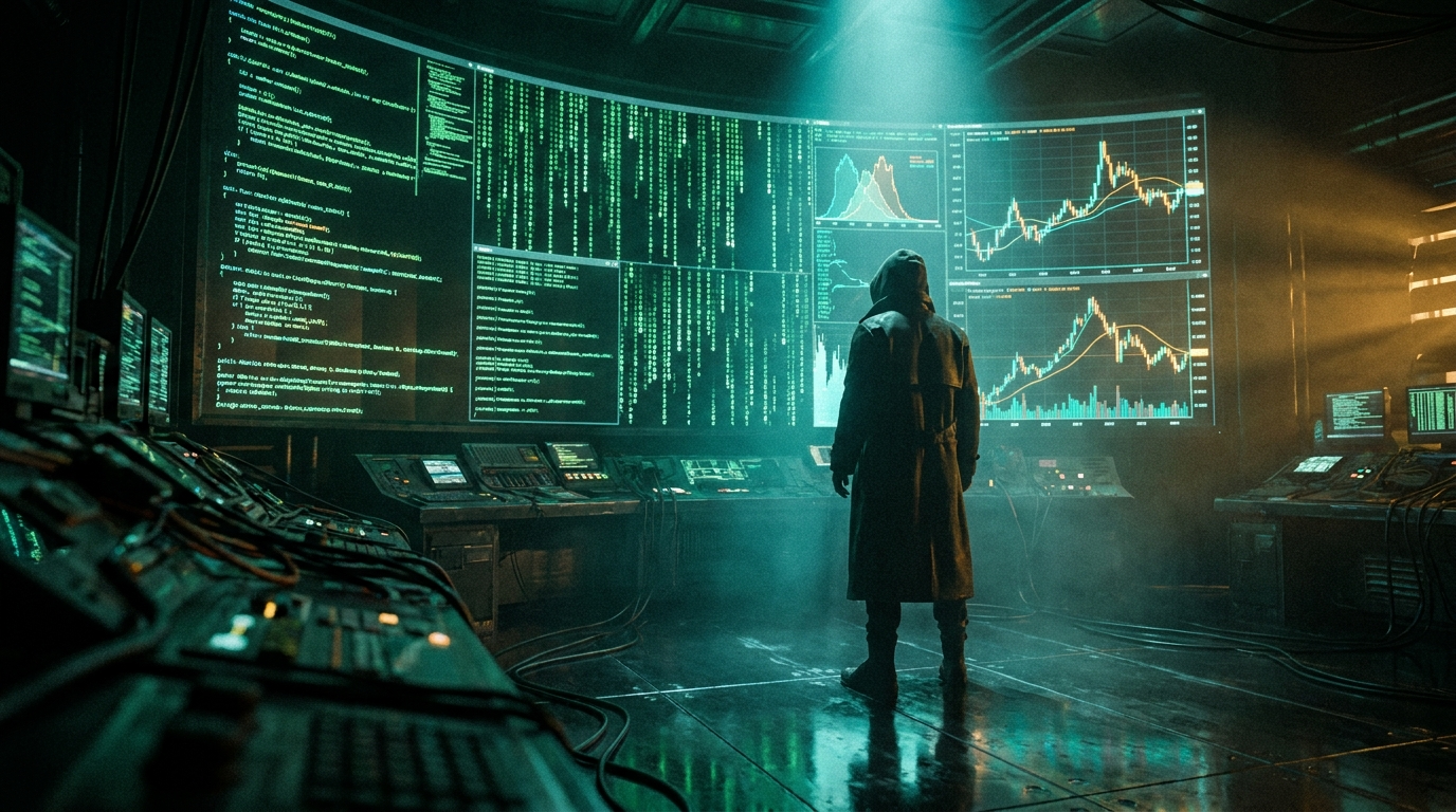 A hooded operator facing a wall of cascading green code and live prediction-market charts in a dark control room